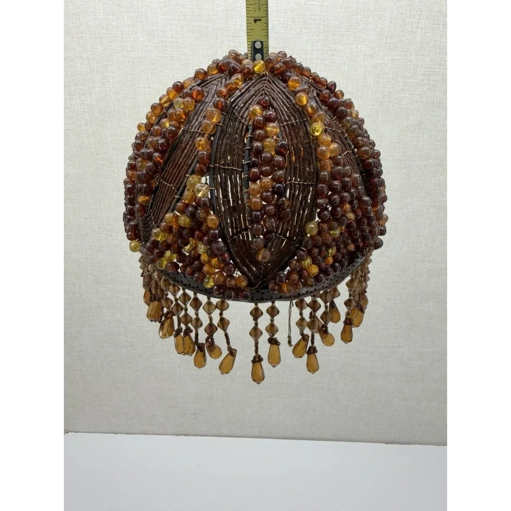 Vintage‎ Amber Beaded Lamp Shade Hanging Fringe Boho Style
